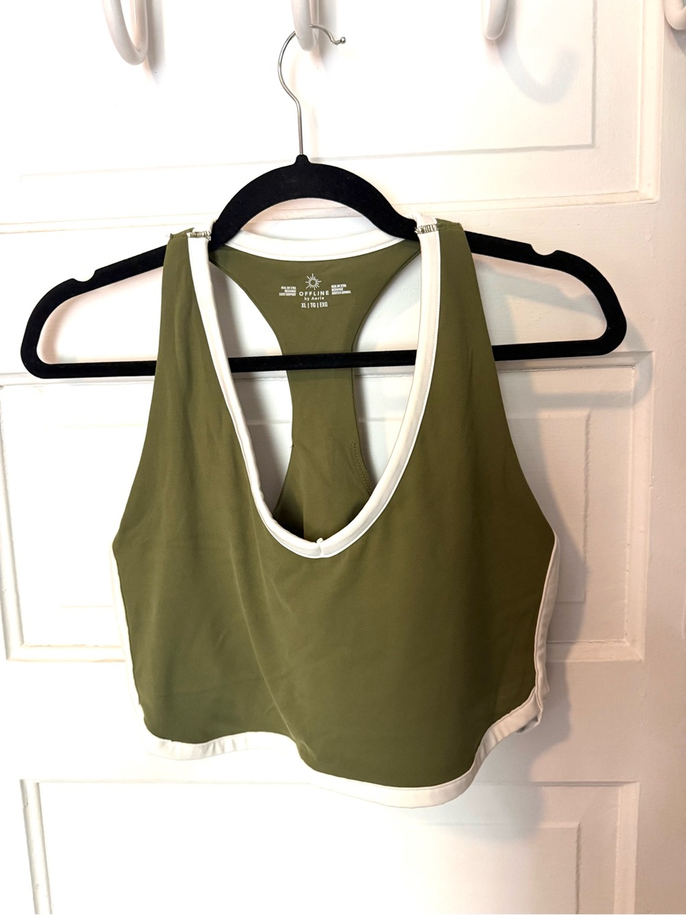 Aerie olive green longline sports bra with white trim, size XL